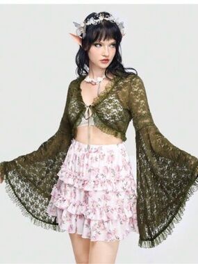 Romwe Fairycore Lace Flutter Long Sleeve Cropped XS Sheer Green Dainty Top Shirt